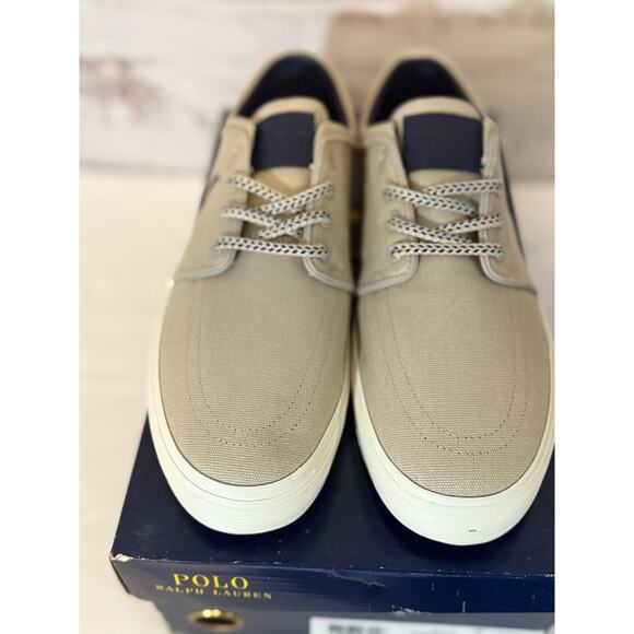 Polo Ralph Lauren Faxon Low Sneakers |Tan Chambray & Suede | Sz 10D | New in Box - Picture 1 of 3